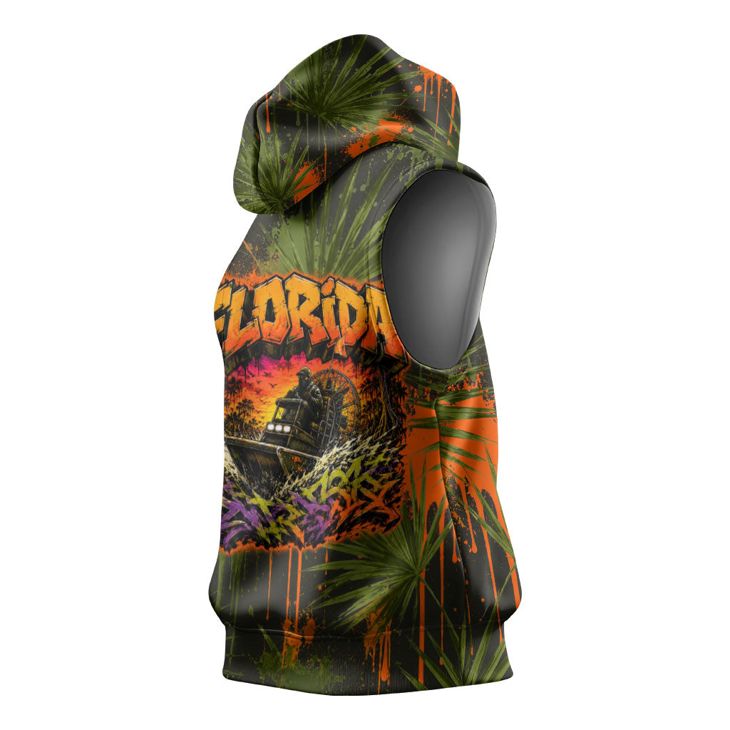Florida Alligator Airboat Sleeveless Hoodie Everglade Swamp Life Graffiti Splatter Artwork