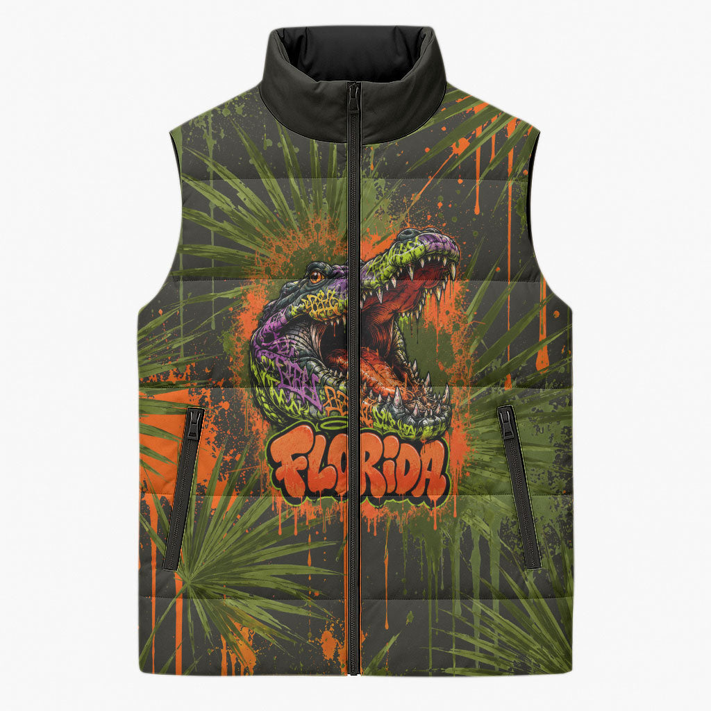 Florida Alligator Airboat Sleeveless Puffer Jacket Everglade Swamp Life Graffiti Splatter Artwork