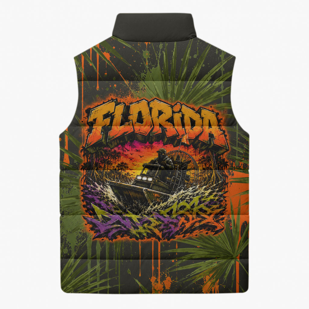 Florida Alligator Airboat Sleeveless Puffer Jacket Everglade Swamp Life Graffiti Splatter Artwork