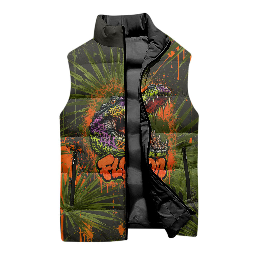 Florida Alligator Airboat Sleeveless Puffer Jacket Everglade Swamp Life Graffiti Splatter Artwork