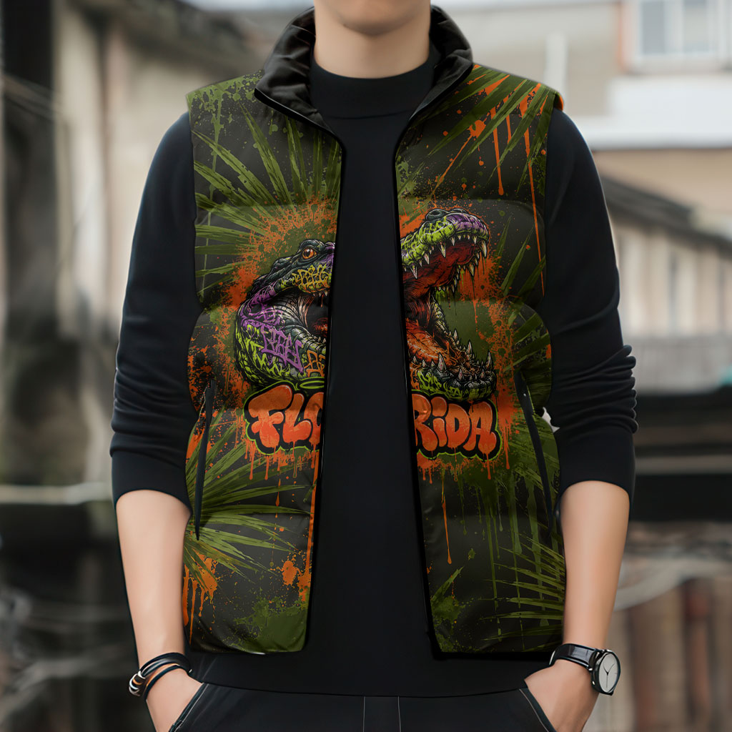Florida Alligator Airboat Sleeveless Puffer Jacket Everglade Swamp Life Graffiti Splatter Artwork