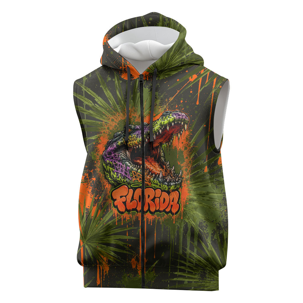 Florida Alligator Airboat Sleeveless Zip Hoodie Everglade Swamp Life Graffiti Splatter Artwork