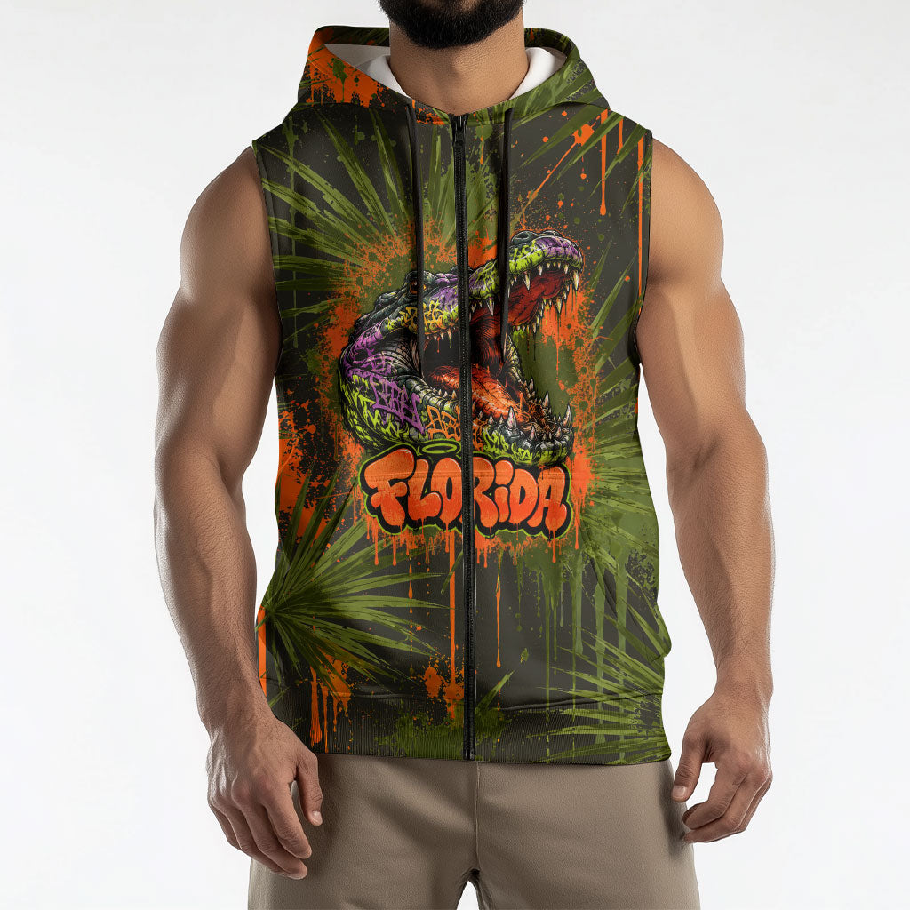 Florida Alligator Airboat Sleeveless Zip Hoodie Everglade Swamp Life Graffiti Splatter Artwork