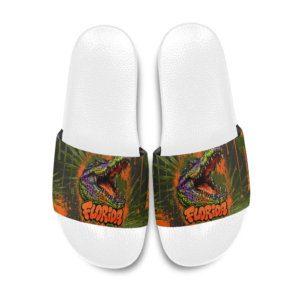 Florida Alligator Airboat Slide Sandals Everglade Swamp Life Graffiti Splatter Artwork