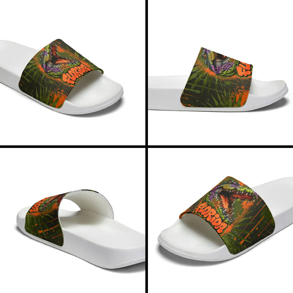 Florida Alligator Airboat Slide Sandals Everglade Swamp Life Graffiti Splatter Artwork