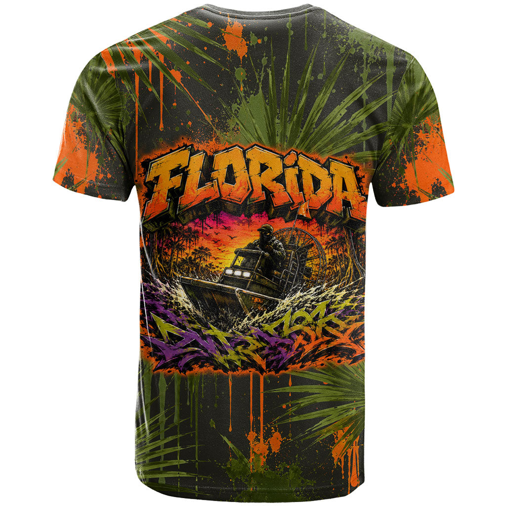 Florida Alligator Airboat T Shirt Everglade Swamp Life Graffiti Splatter Artwork