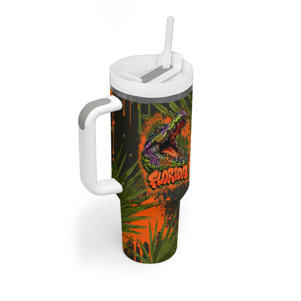 Florida Alligator Airboat Tumbler With Handle Everglade Swamp Life Graffiti Splatter Artwork