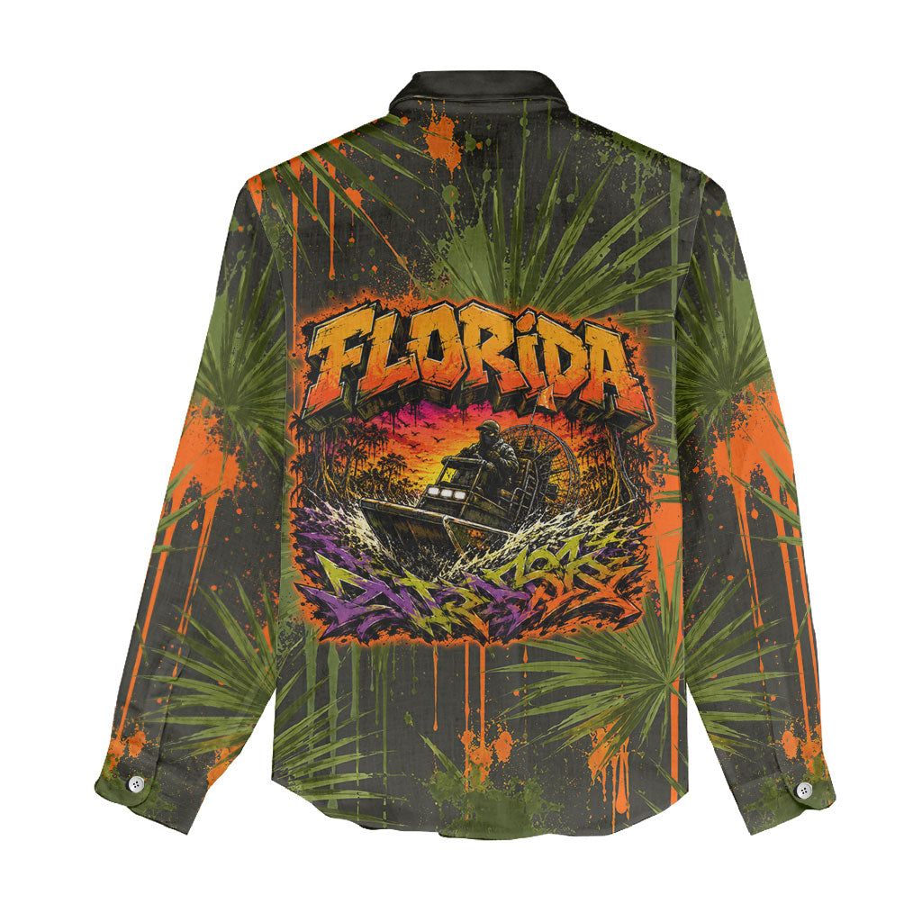 Florida Alligator Airboat Women Casual Shirt Everglade Swamp Life Graffiti Splatter Artwork