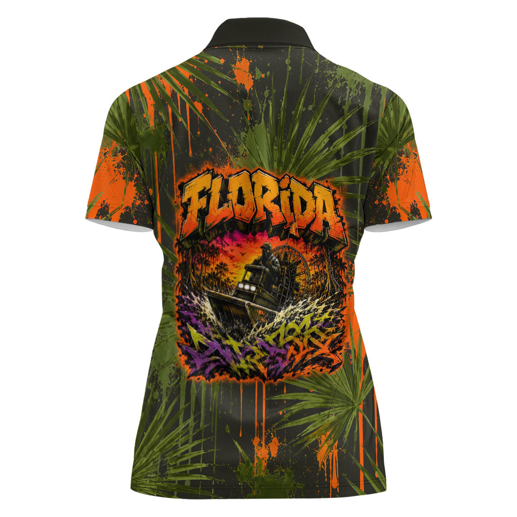 Florida Alligator Airboat Women Polo Shirt Everglade Swamp Life Graffiti Splatter Artwork