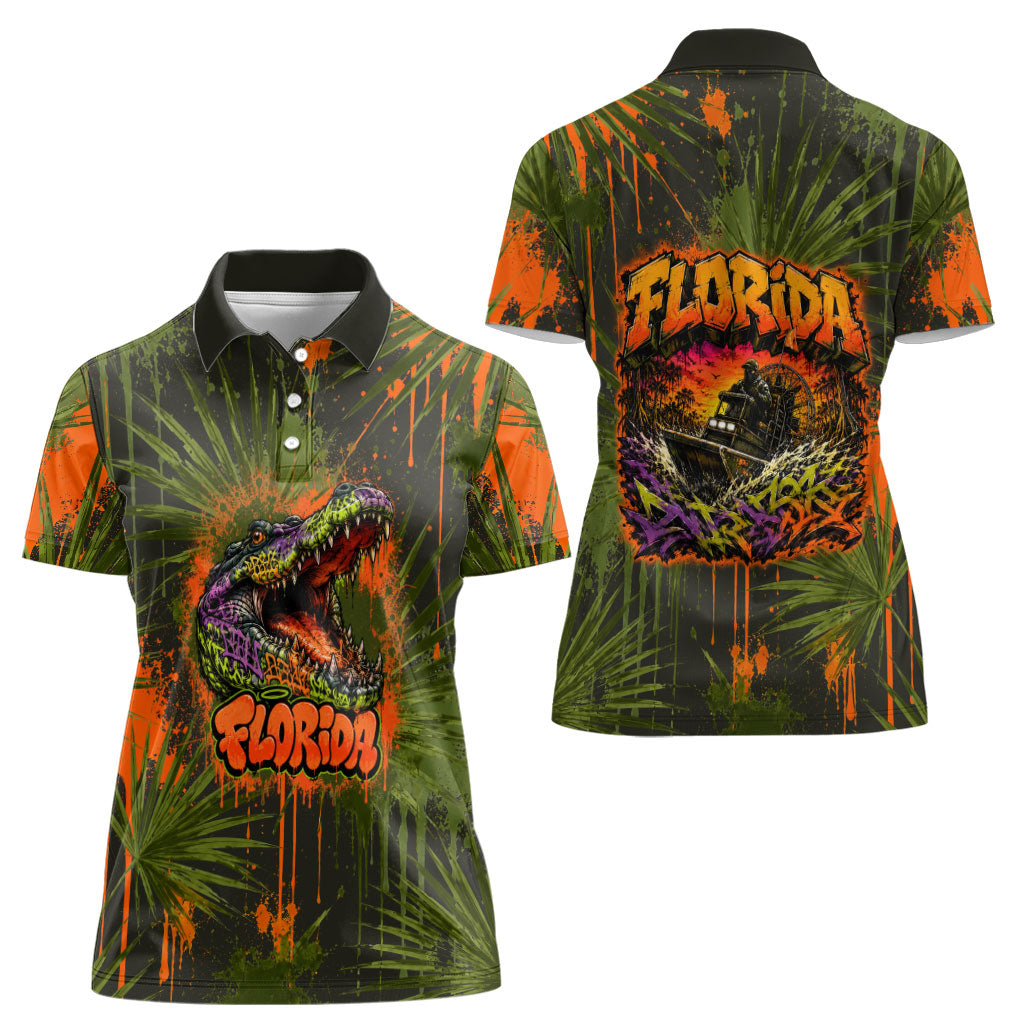 Florida Alligator Airboat Women Polo Shirt Everglade Swamp Life Graffiti Splatter Artwork