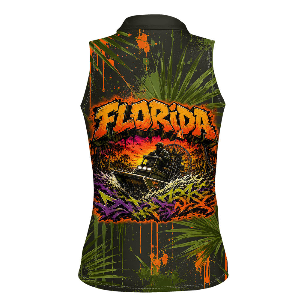 Florida Alligator Airboat Women Sleeveless Polo Shirt Everglade Swamp Life Graffiti Splatter Artwork