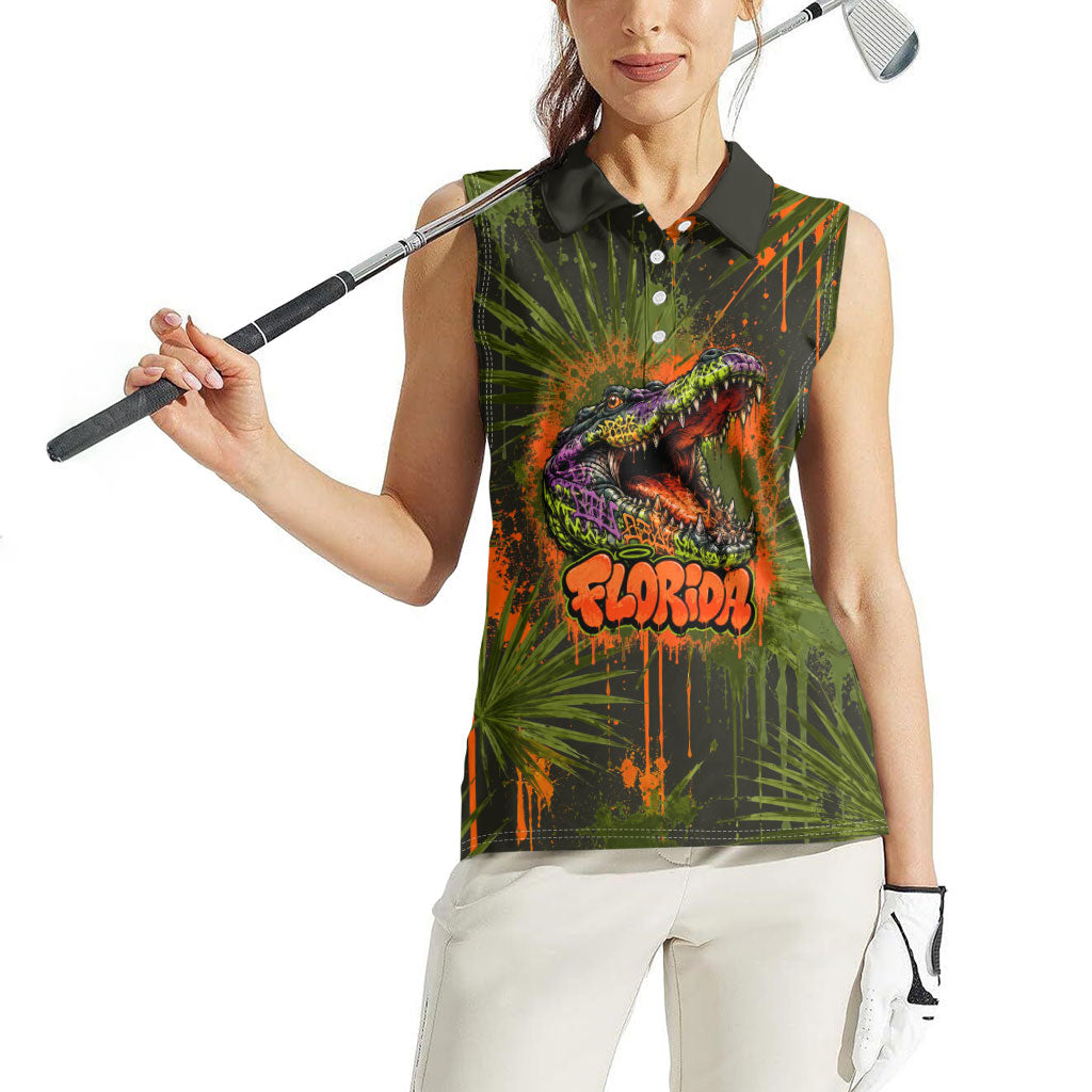 Florida Alligator Airboat Women Sleeveless Polo Shirt Everglade Swamp Life Graffiti Splatter Artwork