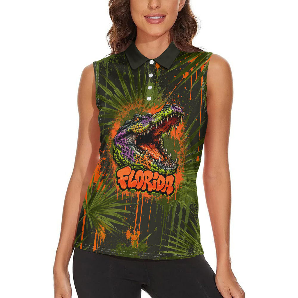 Florida Alligator Airboat Women Sleeveless Polo Shirt Everglade Swamp Life Graffiti Splatter Artwork