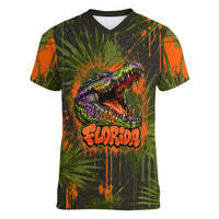 Florida Alligator Airboat Women V-Neck T-Shirt Everglade Swamp Life Graffiti Splatter Artwork