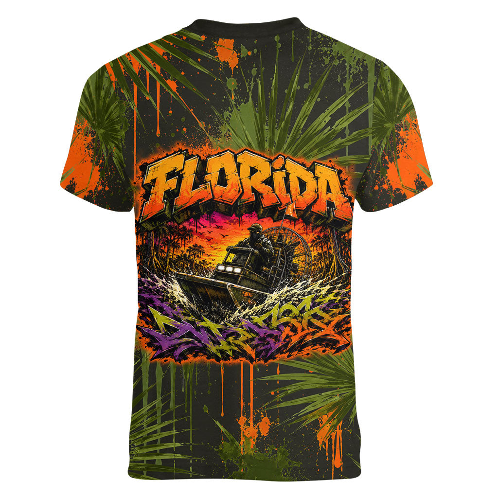 Florida Alligator Airboat Women V-Neck T-Shirt Everglade Swamp Life Graffiti Splatter Artwork