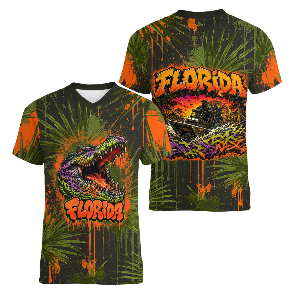 Florida Alligator Airboat Women V-Neck T-Shirt Everglade Swamp Life Graffiti Splatter Artwork