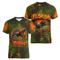 Florida Alligator Airboat Women V-Neck T-Shirt Everglade Swamp Life Graffiti Splatter Artwork