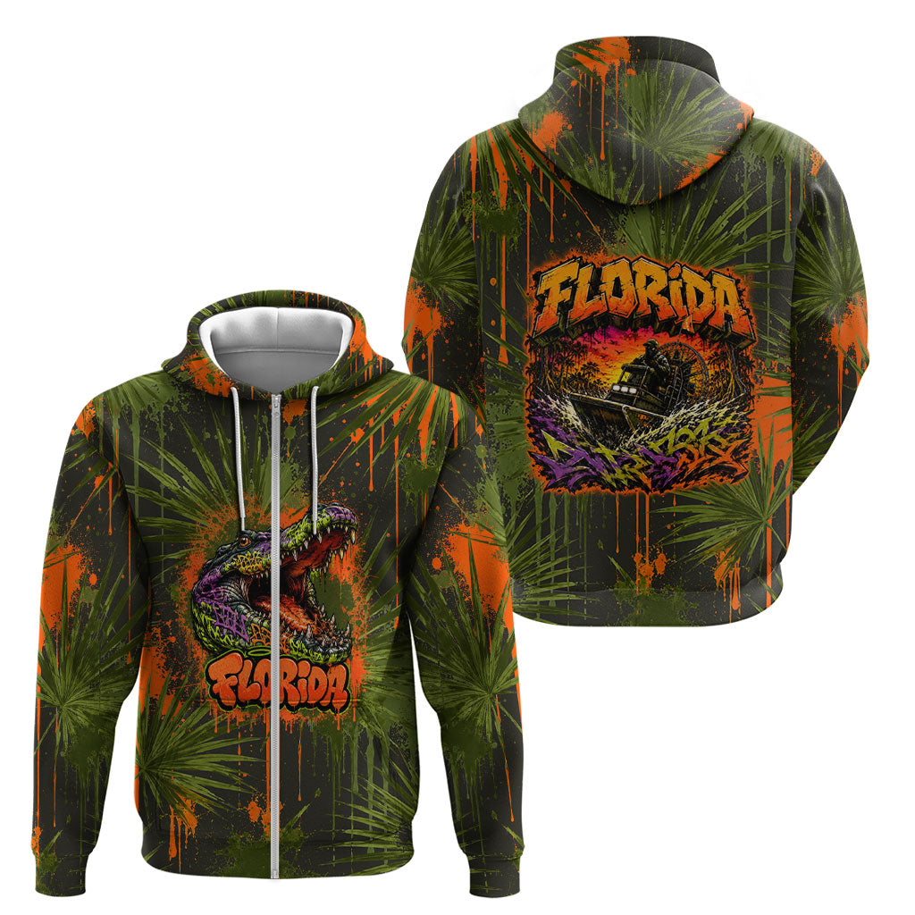 Florida Alligator Airboat Zip Hoodie Everglade Swamp Life Graffiti Splatter Artwork