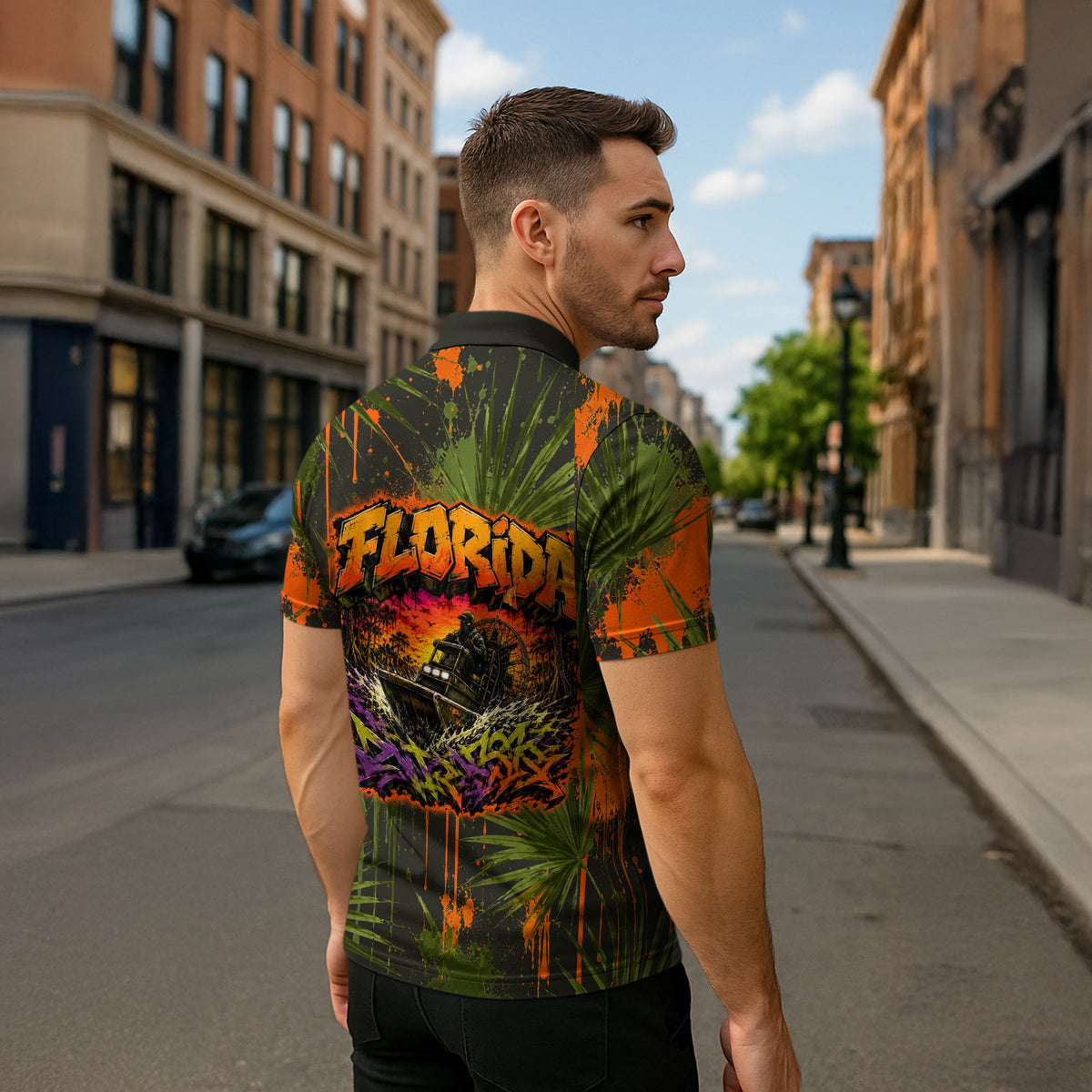 Florida Alligator Airboat Zipper Polo Shirt Everglade Swamp Life Graffiti Splatter Artwork