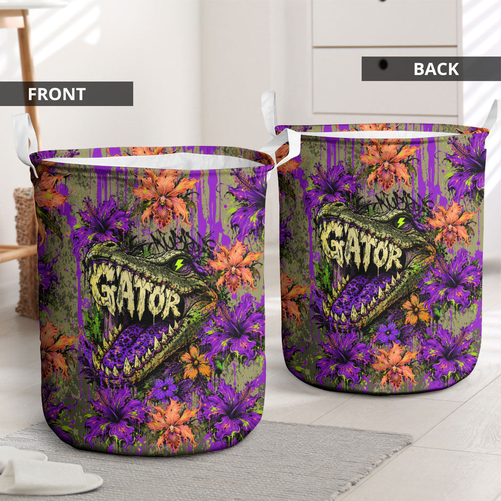 Florida Gator Wild Airboat Laundry Basket Tropical Hibiscus Floral Graffiti Paint Splatter Art