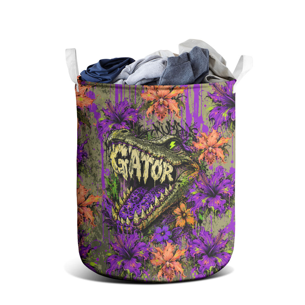 Florida Gator Wild Airboat Laundry Basket Tropical Hibiscus Floral Graffiti Paint Splatter Art