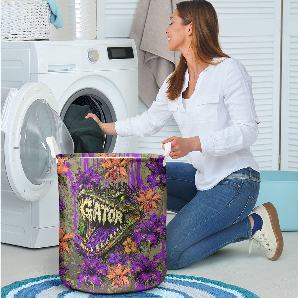 Florida Gator Wild Airboat Laundry Basket Tropical Hibiscus Floral Graffiti Paint Splatter Art