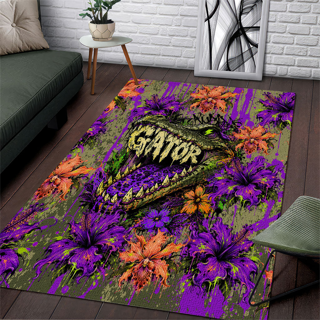 Florida Gator Wild Airboat Area Rug Tropical Hibiscus Floral Graffiti Paint Splatter Art