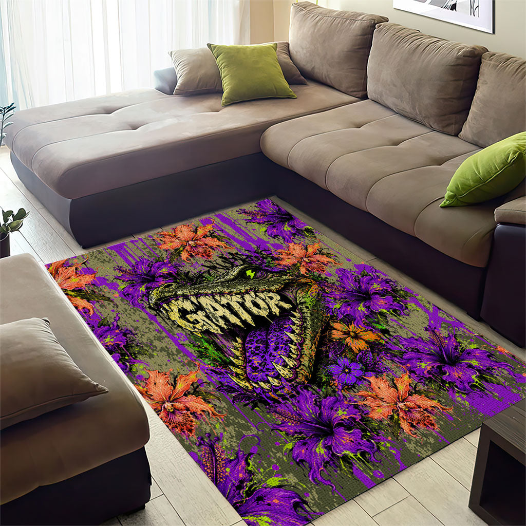 Florida Gator Wild Airboat Area Rug Tropical Hibiscus Floral Graffiti Paint Splatter Art