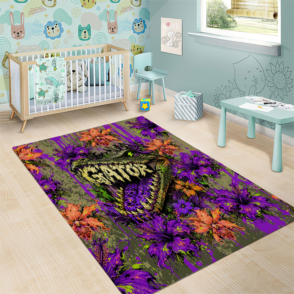 Florida Gator Wild Airboat Area Rug Tropical Hibiscus Floral Graffiti Paint Splatter Art
