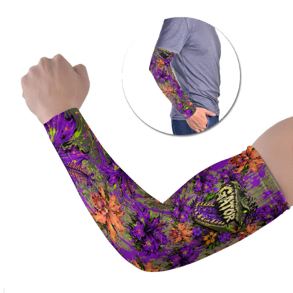 Florida Gator Wild Airboat Arm Sleeves Tropical Hibiscus Floral Graffiti Paint Splatter Art