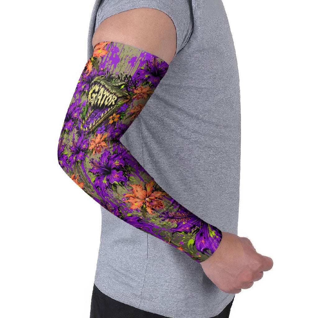 Florida Gator Wild Airboat Arm Sleeves Tropical Hibiscus Floral Graffiti Paint Splatter Art
