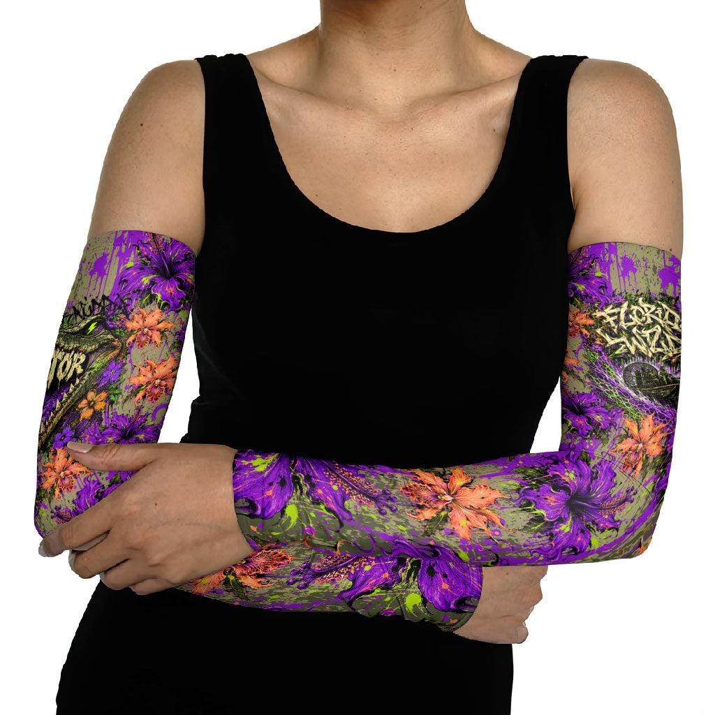 Florida Gator Wild Airboat Arm Sleeves Tropical Hibiscus Floral Graffiti Paint Splatter Art