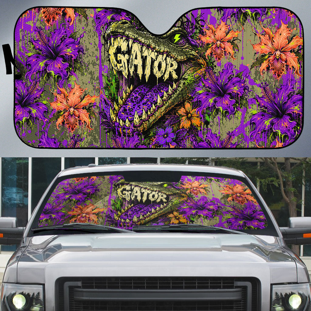Florida Gator Wild Airboat Auto Sun Shade Tropical Hibiscus Floral Graffiti Paint Splatter Art