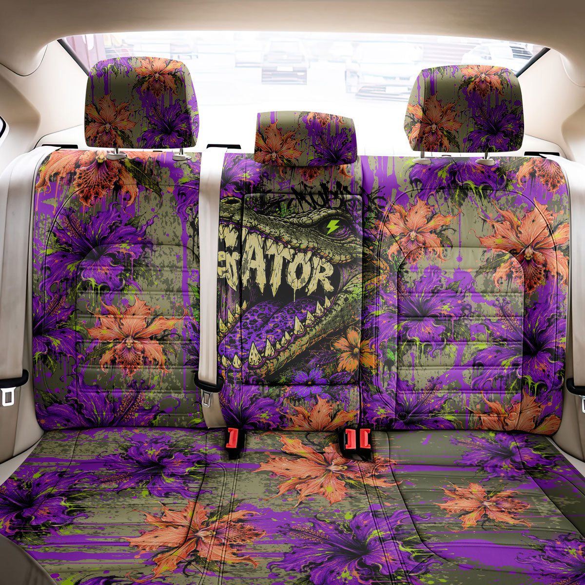 Florida Gator Wild Airboat Back Car Seat Cover Tropical Hibiscus Floral Graffiti Paint Splatter Art