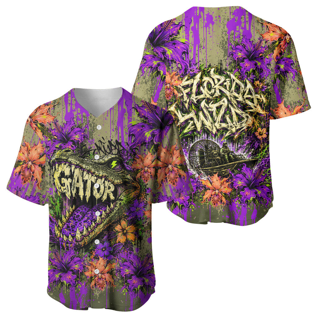 Florida Gator Wild Airboat Baseball Jersey Tropical Hibiscus Floral Graffiti Paint Splatter Art