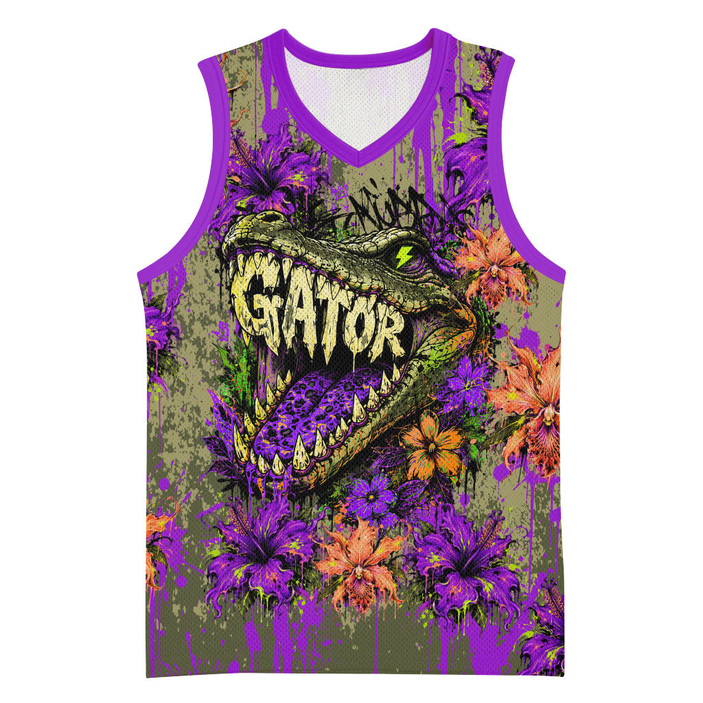 Florida Gator Wild Airboat Basketball Jersey Tropical Hibiscus Floral Graffiti Paint Splatter Art