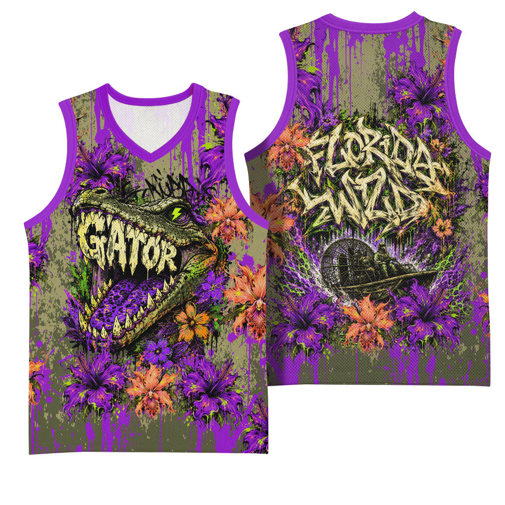 Florida Gator Wild Airboat Basketball Jersey Tropical Hibiscus Floral Graffiti Paint Splatter Art