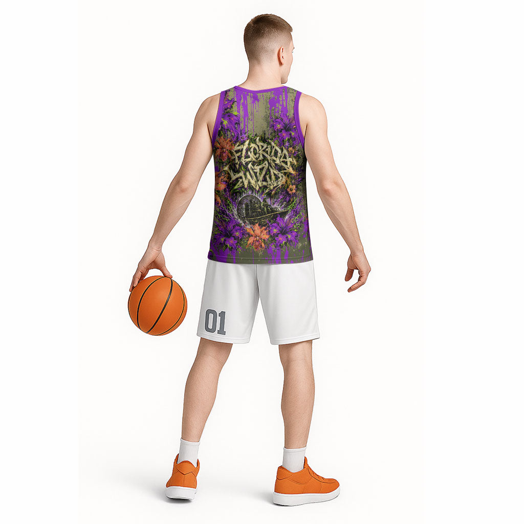 Florida Gator Wild Airboat Basketball Jersey Tropical Hibiscus Floral Graffiti Paint Splatter Art