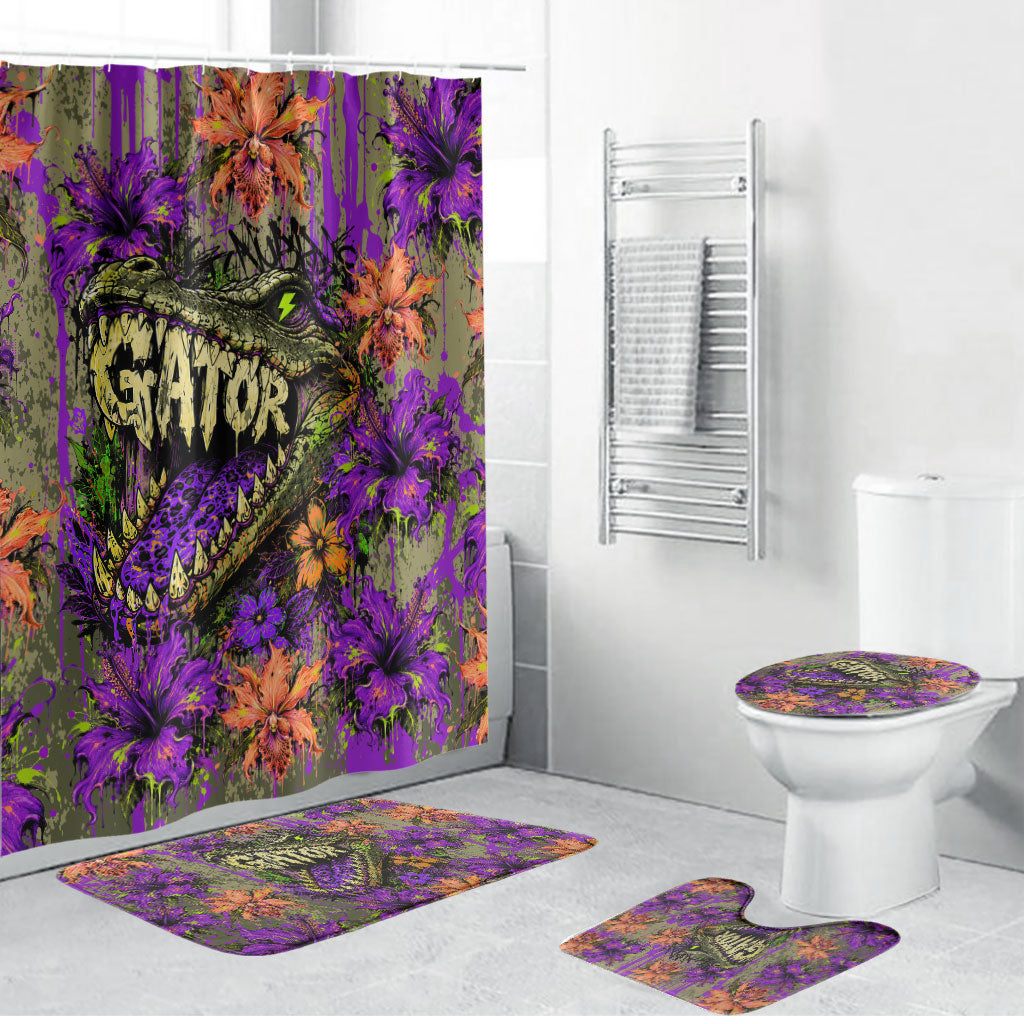 Florida Gator Wild Airboat Bathroom Set Tropical Hibiscus Floral Graffiti Paint Splatter Art
