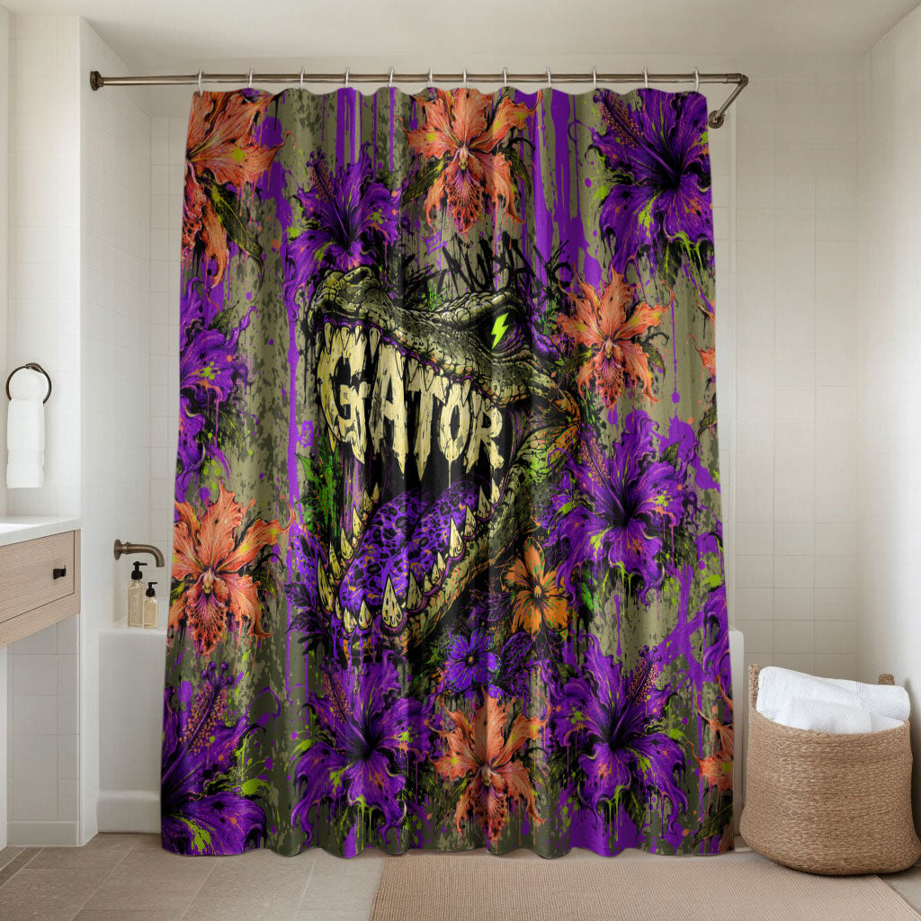 Florida Gator Wild Airboat Bathroom Set Tropical Hibiscus Floral Graffiti Paint Splatter Art