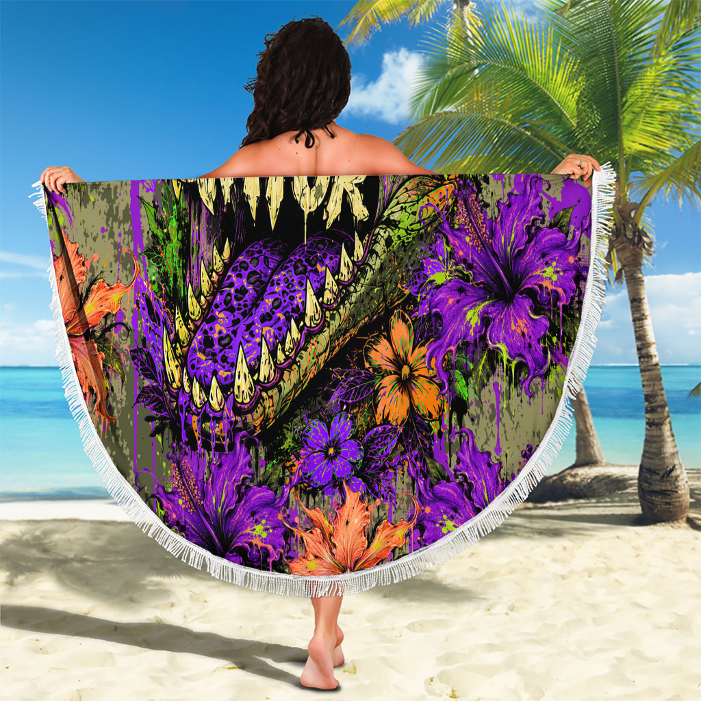 Florida Gator Wild Airboat Beach Blanket Tropical Hibiscus Floral Graffiti Paint Splatter Art