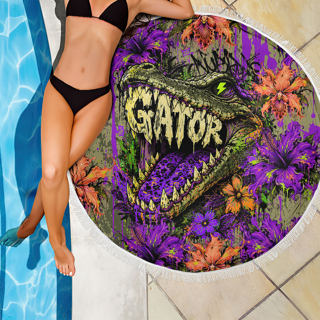 Florida Gator Wild Airboat Beach Blanket Tropical Hibiscus Floral Graffiti Paint Splatter Art