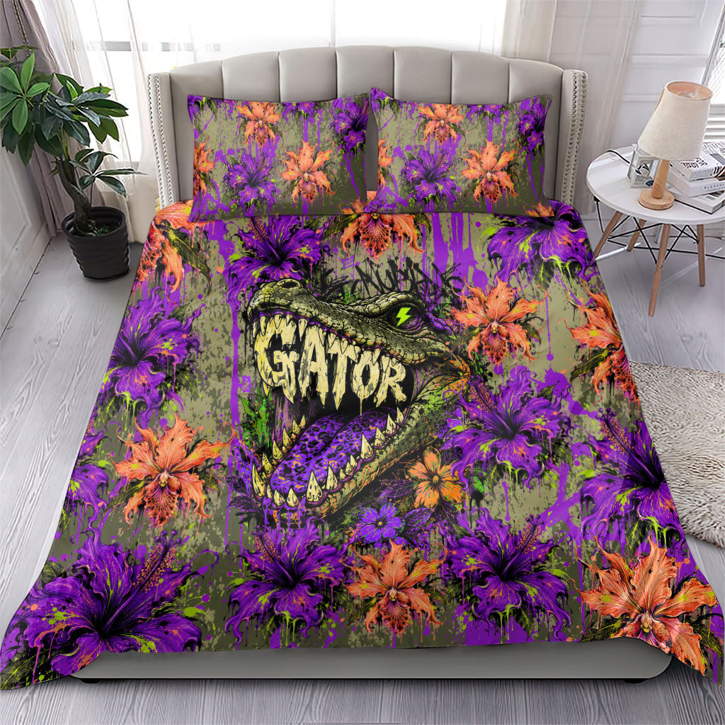 Florida Gator Wild Airboat Bedding Set Tropical Hibiscus Floral Graffiti Paint Splatter Art
