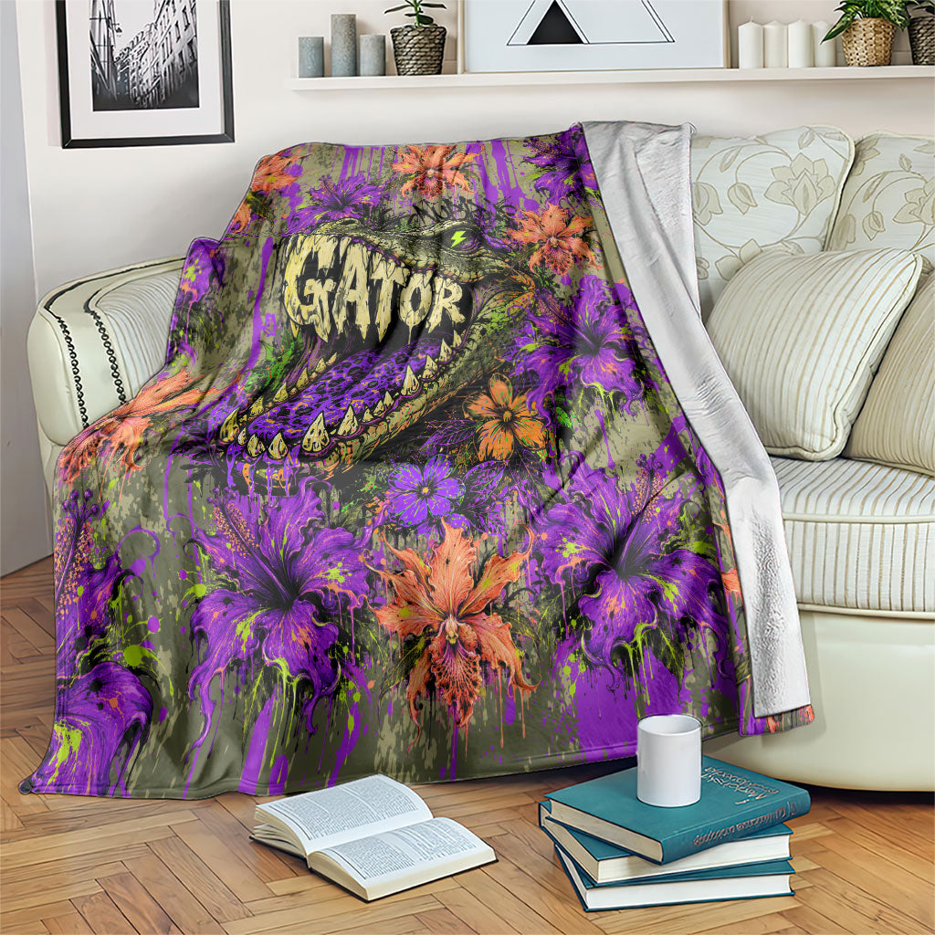 Florida Gator Wild Airboat Blanket Tropical Hibiscus Floral Graffiti Paint Splatter Art