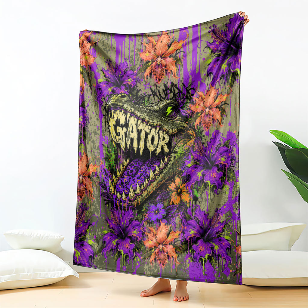 Florida Gator Wild Airboat Blanket Tropical Hibiscus Floral Graffiti Paint Splatter Art