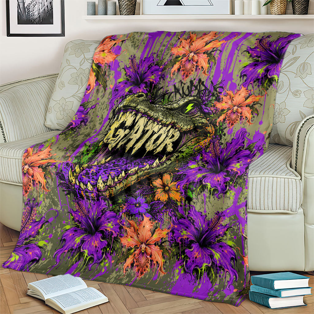 Florida Gator Wild Airboat Blanket Tropical Hibiscus Floral Graffiti Paint Splatter Art