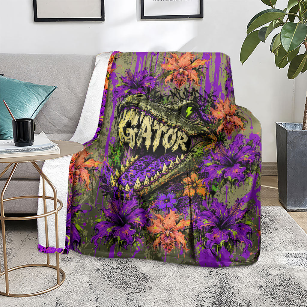 Florida Gator Wild Airboat Blanket Tropical Hibiscus Floral Graffiti Paint Splatter Art