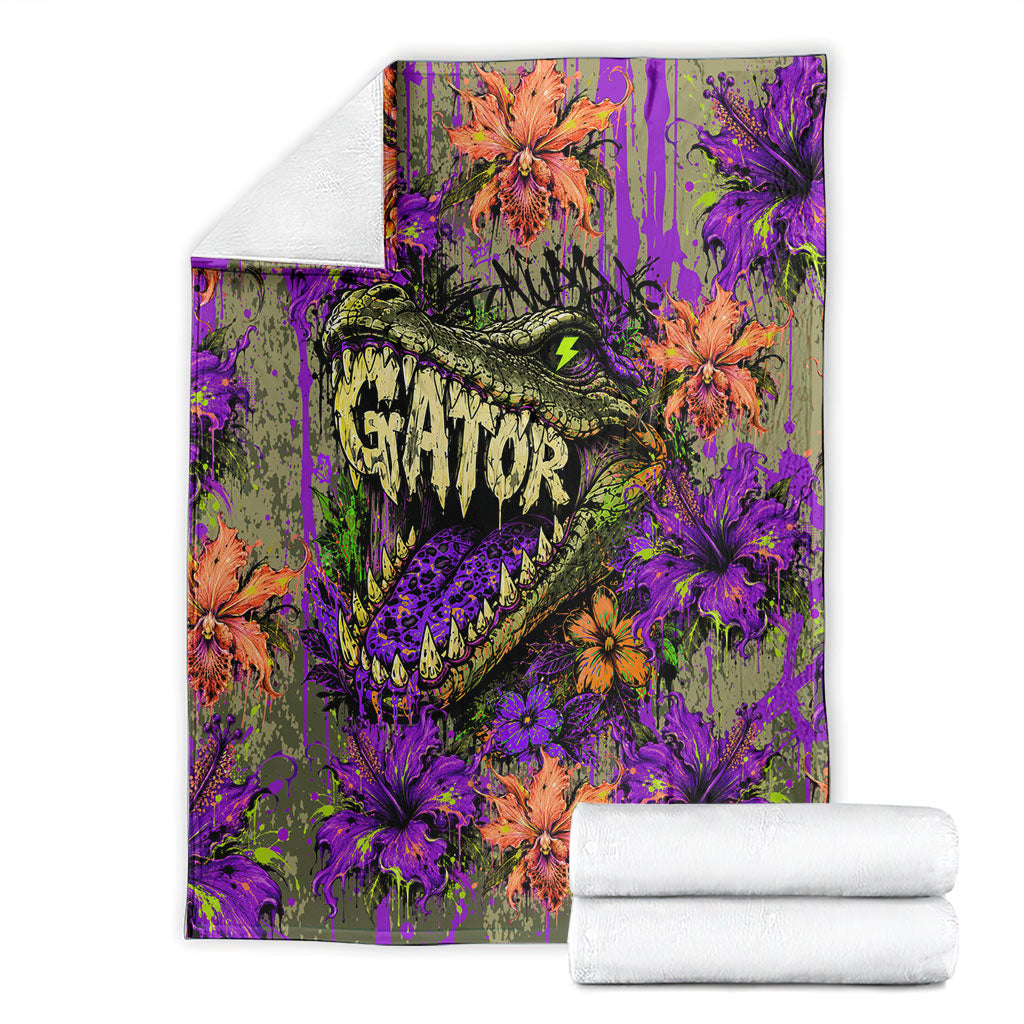 Florida Gator Wild Airboat Blanket Tropical Hibiscus Floral Graffiti Paint Splatter Art