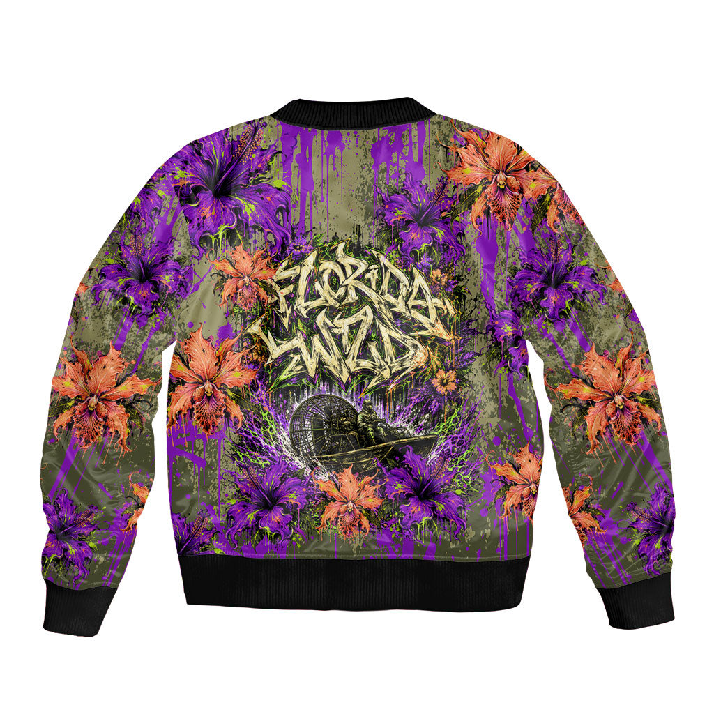Florida Gator Wild Airboat Bomber Jacket Tropical Hibiscus Floral Graffiti Paint Splatter Art