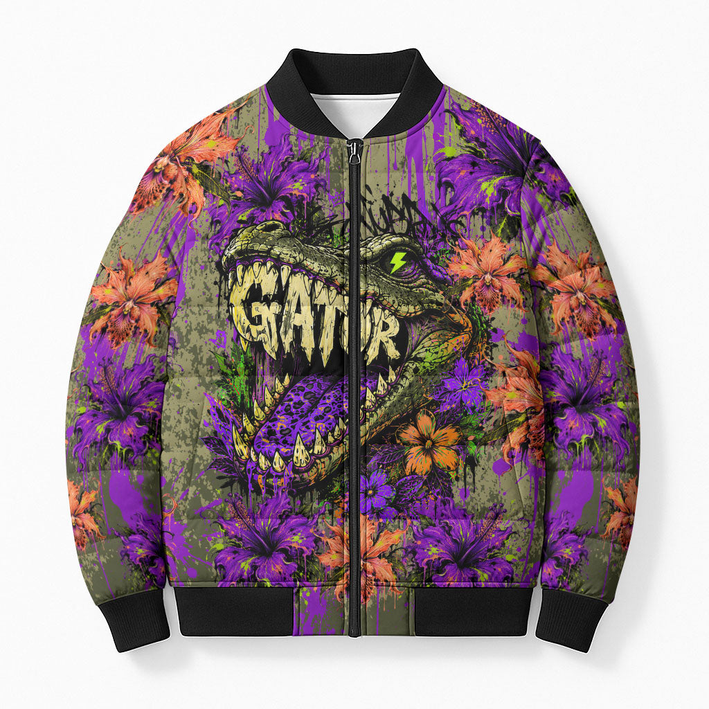 Florida Gator Wild Airboat Bomber Puffer Jacket Tropical Hibiscus Floral Graffiti Paint Splatter Art